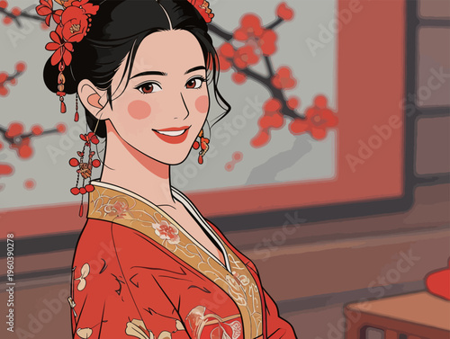 Woman in traditional red dress smiles in a decorated room during a festive event with cherry blossoms