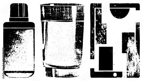 Retro halftone graphic of bottle, tumbler, and abstract forms, vector illustration,, stylized, graphic design element, isolated objects.