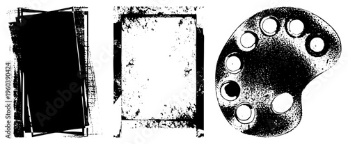 Artistic black and white textures featuring distressed frames and painter’s palette with halftone circles, graphic design elements, vintage aesthetic.