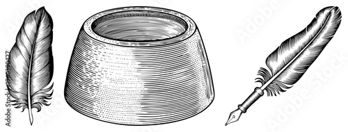 Antique feather quill pen with nib, ornate inkwell with textured, historical writing tools, calligraphy equipment, parchment stationery.