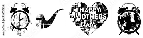 Retro alarm clocks with bells and clock faces, smoking pipe silhouette, “Happy Mother’s Day” heart collage, distressed black and white vector art.
