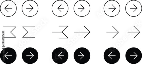 Arrow, buttons icon set for website slider navigation, next previous rounded controls for app interface, minimal isolated illustration design.