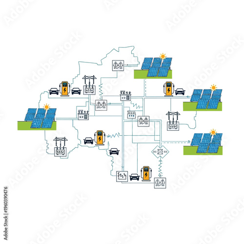 Smart grid illustration Solar power integration, electric vehicle charging, and energy distribution network for sustainable urban development