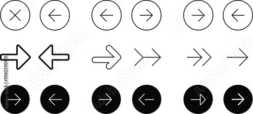 Arrow, buttons icon set for website slider navigation, next previous rounded controls for app interface, minimal isolated illustration design.