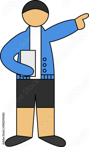 Flat vector illustration of a man in a cardigan holding a folder and pointing toward a direction