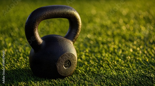 Kettlebell resting on lush green grass during golden hour sunlight.