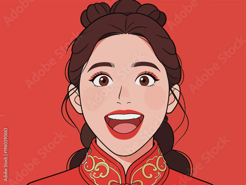 Young woman smiles and poses in traditional red outfit with a bright background during a cultural event celebration