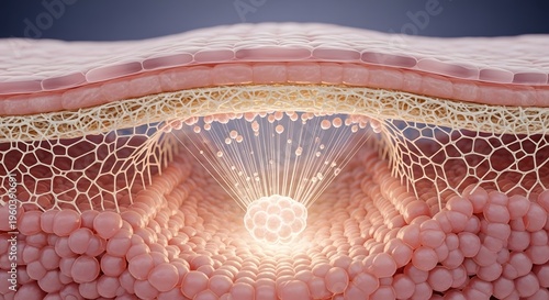 A detailed 3d medical visualization showing the structural layers of human skin and cellular activity