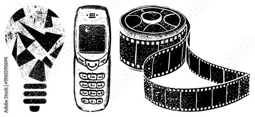 Retro tech symbols including lightbulb, flip phone, and film reel with distressed texture, ideal for digital or design projects. Synonyms innovation, analog, classic gadget.