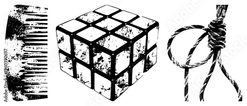 Black and white distressed vector comb, ’s cube, noose knot. Grunge texture, symbolic objects, isolated graphic elements.