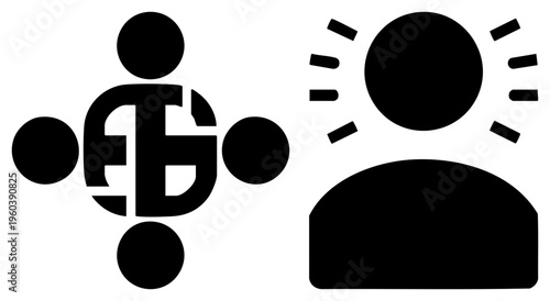 Geometric black set with stylized human figure and radiant sun, minimalist glyph design, vector art, symbolic representation.