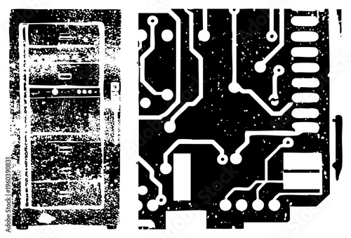 Server tower with rack drives and circuit board with traces, tech hardware, digital infrastructure, graphic, gritty texture.