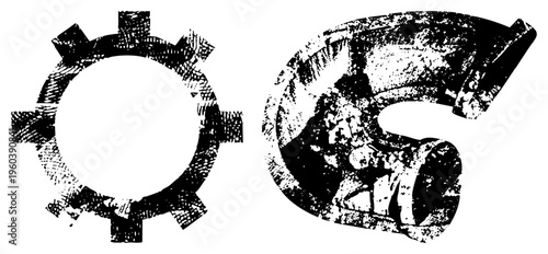 Industrial gear and directional arrow symbols rendered in gritty halftone, mechanical design, vector graphic, isolated, technical illustration, mechanical glyph.