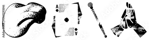 Stylized featuring guitar, ace of spades, conductor’s baton, and praying hands, rendered in halftone texture with bold and fragmented shapes.