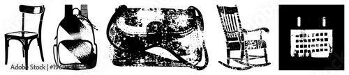 Grunge styled vector of chair, backpack, satchel, rocking chair, and calendar,, distressed texture, retro aesthetic, isolated objects.