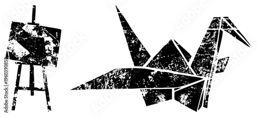 Black and white vector art featuring origami crane and artist’s easel, stylized with grunge texture, creative studio elements, abstract craft symbols, isolated graphic design.