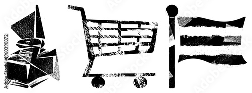 Vector of shopping cart, waving flag, and stacked boxes with distressed texture, ideal for e commerce or logistics themes. Grunge aesthetic,, high contrast silhouette.