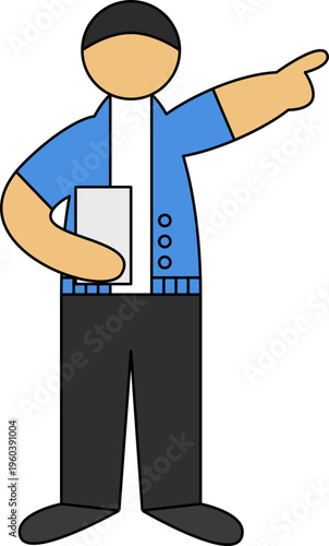 Flat vector illustration of a man in a cardigan holding a folder and pointing toward a direction