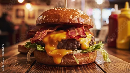 Juicy bacon cheeseburger on rustic wooden table in cozy diner ambiance