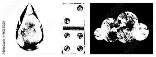 Stylized halftone droplet, with planet motifs, cloud cluster with distressed texture vector graphic elements for design projects. Alternately raindrop, game tile, sky motif.
