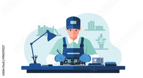 Technician Repairing Motherboard IC with Soldering Iron Electronics Repair Vector Illustration