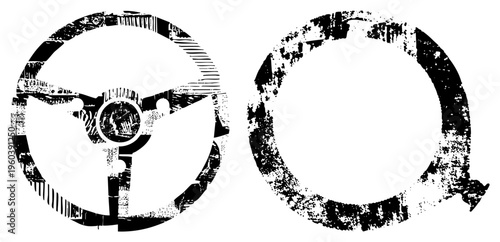 Grungy black and white steering wheel and letter Q, halftone print style, retro vector graphic, isolated automotive symbol, distressed typography.