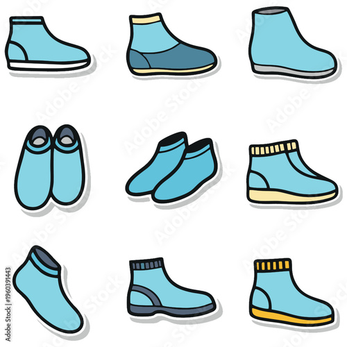 Shoe Collection of Various Light Blue Footwear Covers and Indoor Slippers in a Doodle Style with Clean Black Outlines