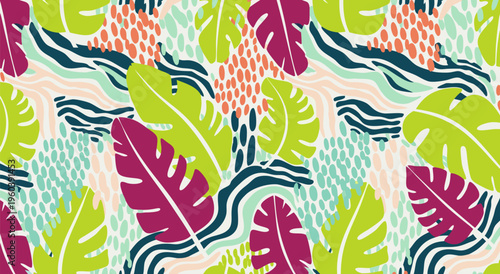 Vibrant Tropical Leaves Seamless Pattern Vector Illustration - Abstract Botanical Design