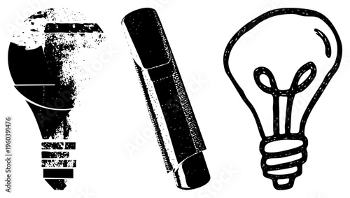 Black and white vector of lightbulb, marker, and bulb, halftone texture, creative tools, design assets, conceptual symbols.