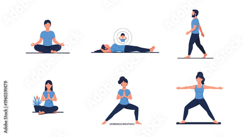 People Practicing Mindfulness and Yoga: Wellness & Relaxation Activities Vector Set