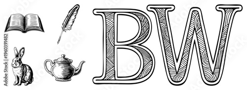 Ornate lettering BW with intricate, accompanied by open book, quill pen, rabbit, and teapot in vintage engraving style. Classic literary and tea themed vector.