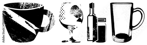 Retro styled halftone print of drinkware coffee mug with handle, wine glass with stem, liquor bottles, and tall latte cup, all rendered in high contrast black and white with textured grain.