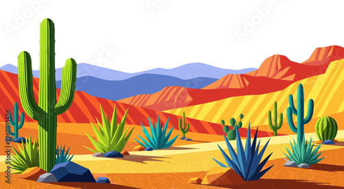 Vibrant desert landscape vector illustration with cacti and arid plants under a colorful sky, capturing the essence of a dry, sunny environment