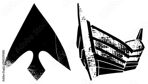 Two stylized symbols a black arrowhead and a crown with layered stripes rendered in gritty, textured. Ideal for retro branding or design.