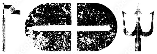 Weathered Indian flag, distressed letter D, trident, symbolic emblems, graphic, vintage texture, political or cultural motif.