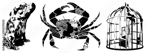 Black and white vector art featuring a sitting dog, crab, and birdcage with halftone textures, isolated graphic elements, style, illustration.
