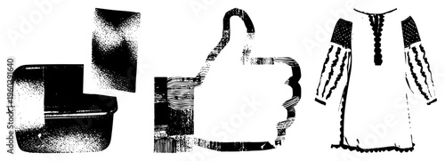 Vector halftone illustrations of a trash can, thumbs up gesture, and embroidered dress. Stylized graphic elements with dot and textures, isolated on transparent background.