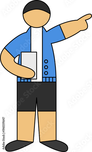 Flat vector illustration of a man in a cardigan holding a folder and pointing toward a direction