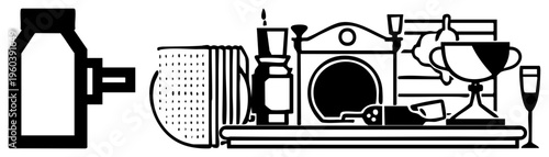 Classic bar tools and drinkware, cocktail shaker, wine glass, trophy, bottle, vintage bar setup, retro equipment.