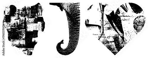Stylized elephant trunk silhouette, heart shaped abstract forms, grunge texture overlay, vector art, isolated graphic elements.