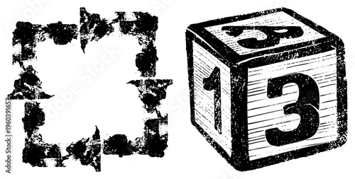 Hand drawn wooden cube toy displaying number three, rustic textured frame, childrens educational play item, vintage illustration, retro typography.