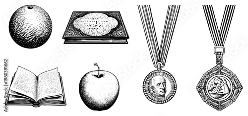 Vintage engraved illustrations featuring citrus,, open book, ornate medals, and decorative halftone shading, ideal for academic or historical design projects.