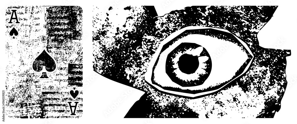 Obraz premium Grunge style playing card ace of spades, textured eye motif, tarot inspired design, vector halftone art, occult symbolism, isolated graphic element.