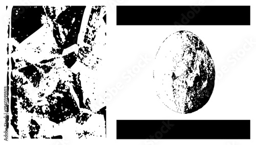 Stylized halftone graphic with broken angular forms, texture, abstract composition, digital vector art, isolated design elements.