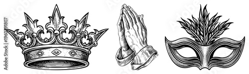 Ornate crown with fleur de lis, clasped hands in prayer, elegant Venetian mask with feathers, engraved art, symbolic, black and white vector graphics.