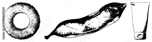 Vintage style halftone print of food and product, dotted texture, graphic design, vector art, isolated elements, illustration, conceptual symbols.