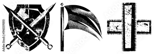Vintage warrior emblems, with swords, tattered flag, rusted iron gate, distressed design, battle motif.