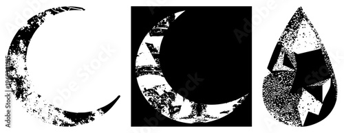 Distressed moon and teardrop shapes in black and white, halftone texture, graphic design elements, vector art, isolated symbols, artistic motifs.