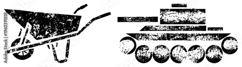 Distressed black vector of wheelbarrow and tank, gritty urban tools, construction and military equipment, stencil art, graphic design.