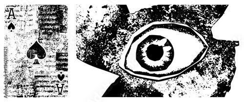 Grunge style playing card ace of spades, textured eye motif, tarot inspired design, vector halftone art, occult symbolism, isolated graphic element.